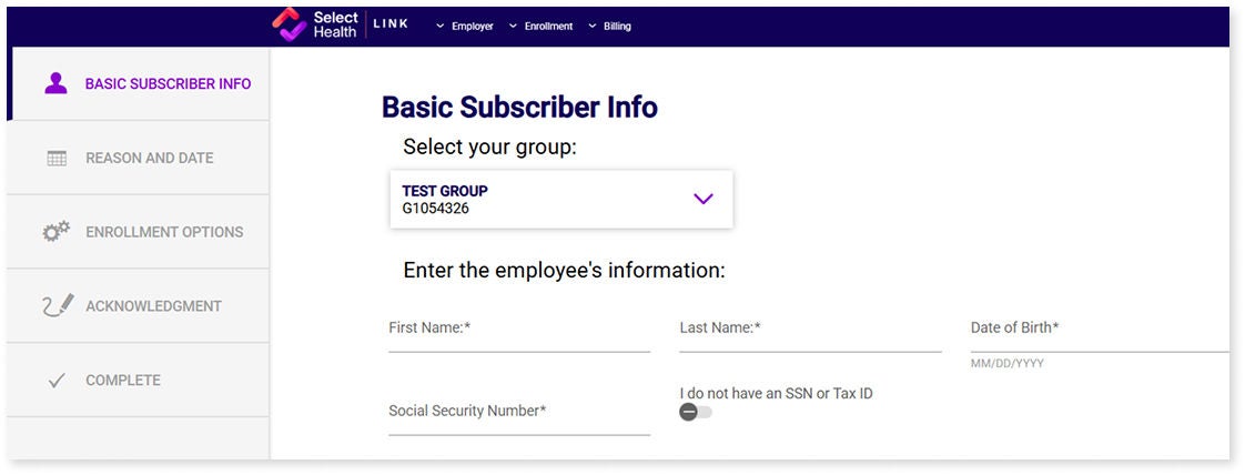 Online health insurance enrollment form interface screenshot