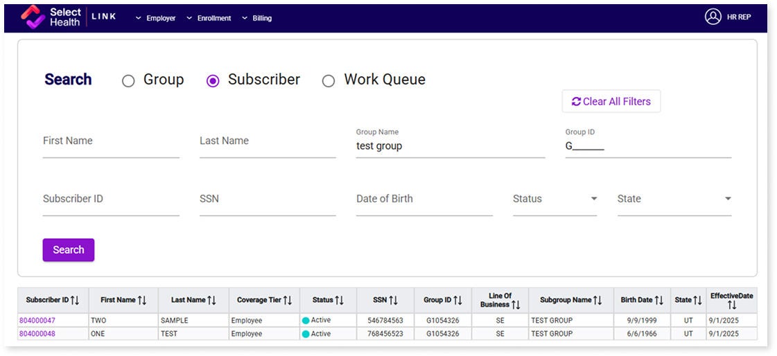 Health Insurance Subscriber Search Interface Screenshot