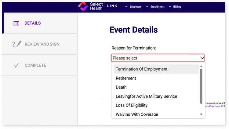 Select Health event details termination reason dropdown