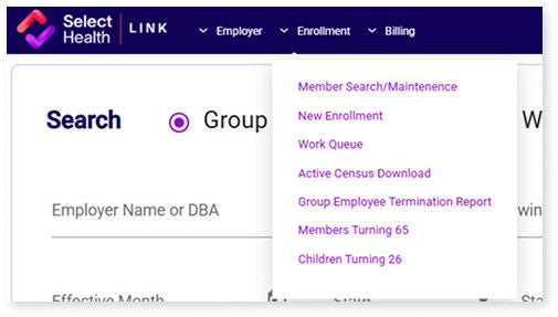 Select Health enrollment dashboard with dropdown menu options