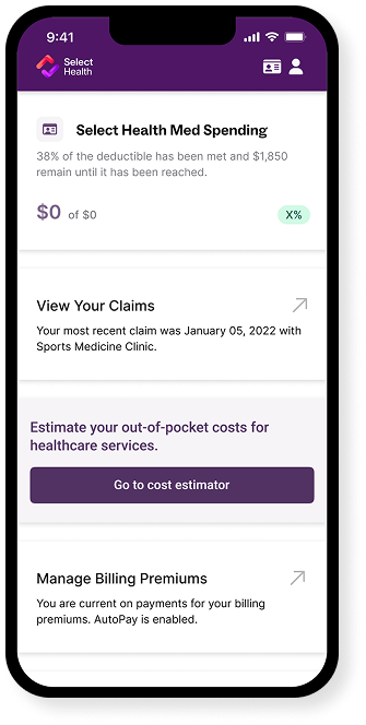 A smartphone screen displays a health insurance app interface. The dashboard shows deductible progress, recent claims, and billing premium management. Key visuals include a purple header, clear section dividers, and visible numbers such as $0, $1,850, and January 05, 2022. The interface also features a button for estimating healthcare costs.