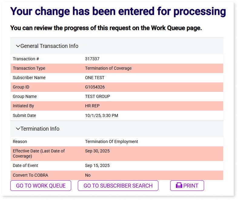 Termination of Coverage Request Confirmation Screen