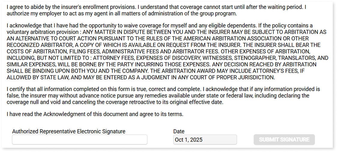 Insurance Acknowledgment Form with Signature Field