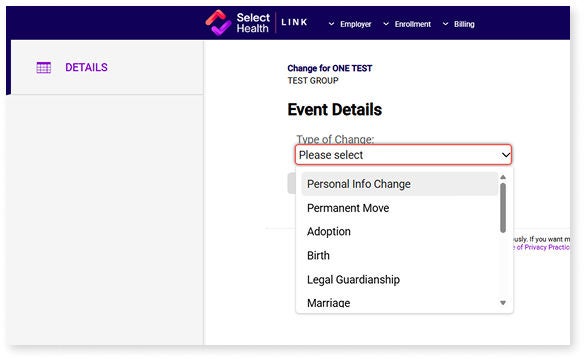 Select Health online form event details dropdown menu