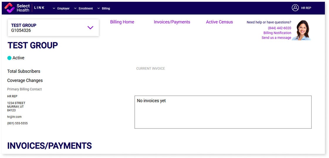 Select Health group billing dashboard with no invoices